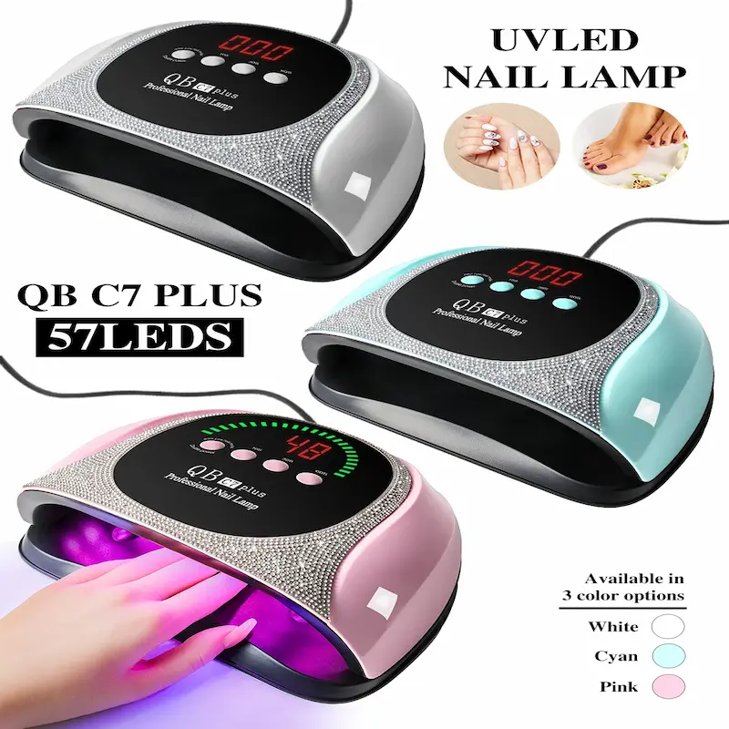 Three color options for the QB C7 Plus nail lamp: White, Cyan, and Pink.