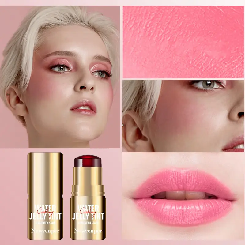 Blonde model wearing bright blush and matching glossy lip color with product stick.