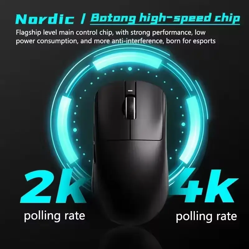 VXE mouse highlighting Nordic high-speed chip with 2KHz and 4KHz polling rate capabilities.
