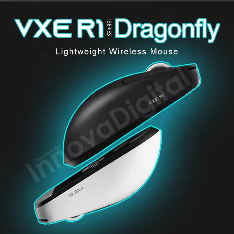 A detailed VXE Dragonfly R1 Review showing black and white wireless gaming mouse models.