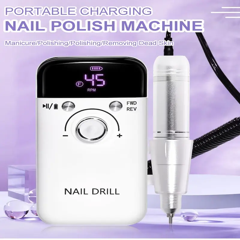 A high-quality promotional shot of the white and silver nail drill against a soft purple background.