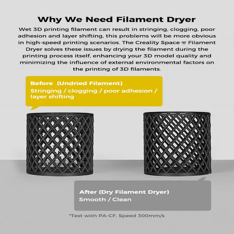 Side-by-side comparison of 3D prints showing the difference between wet filament and dried filament.