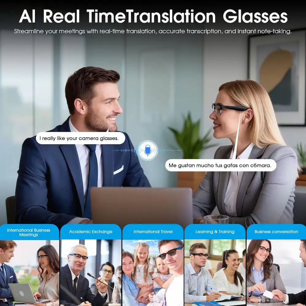 Two business professionals in a meeting using smart glasses for real-time translation between English and Spanish.
