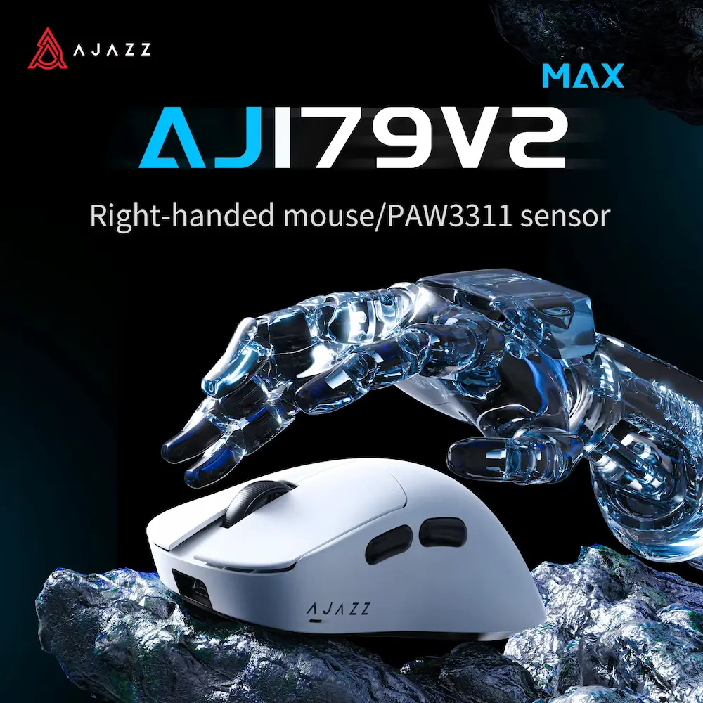 White gaming mouse featured in this AJAZZ AJ179 V2 Review showing its right-handed design and PAW3311 optical sensor.