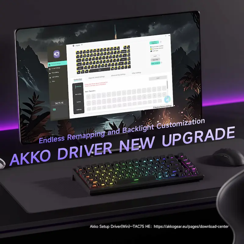 Akko Setup Driver interface on a monitor displaying endless key remapping and backlight customization.