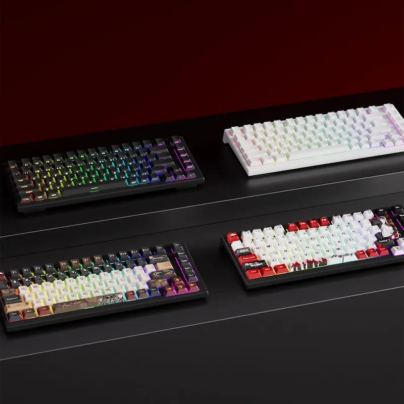 Four different colorways and custom themed variants of the Akko TAC75 HE 75% gaming keyboard.