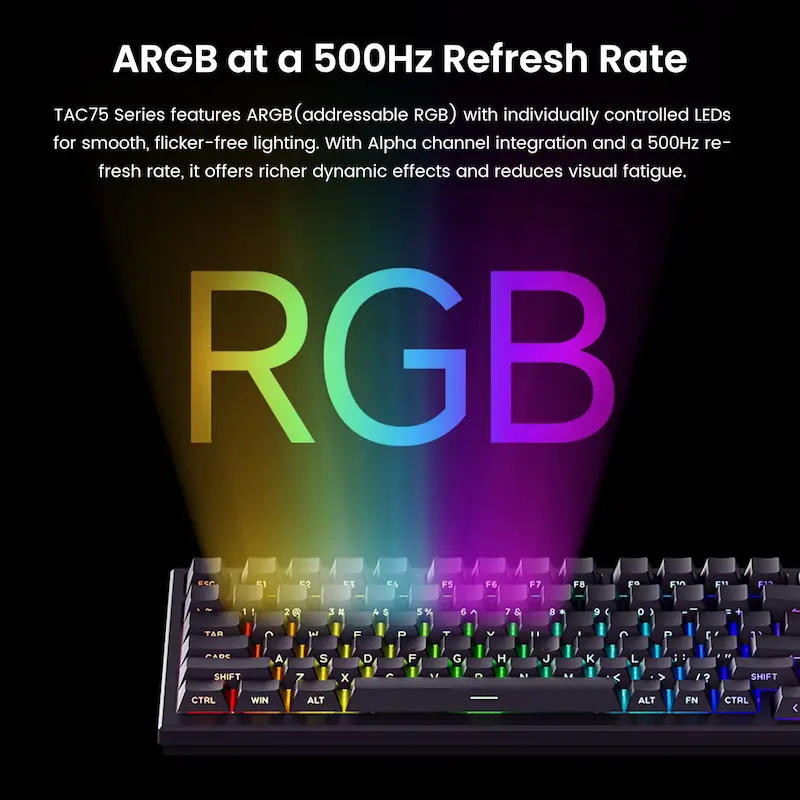 Vibrant ARGB lighting on the Akko TAC75 HE keyboard with a smooth 500Hz refresh rate.