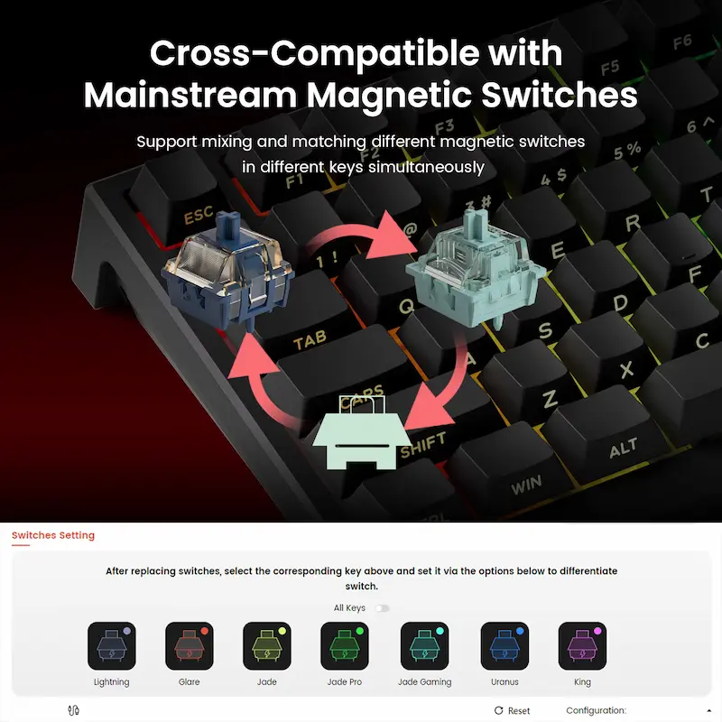 Customization menu showing cross-compatibility with mainstream magnetic switches like Jade and Uranus.