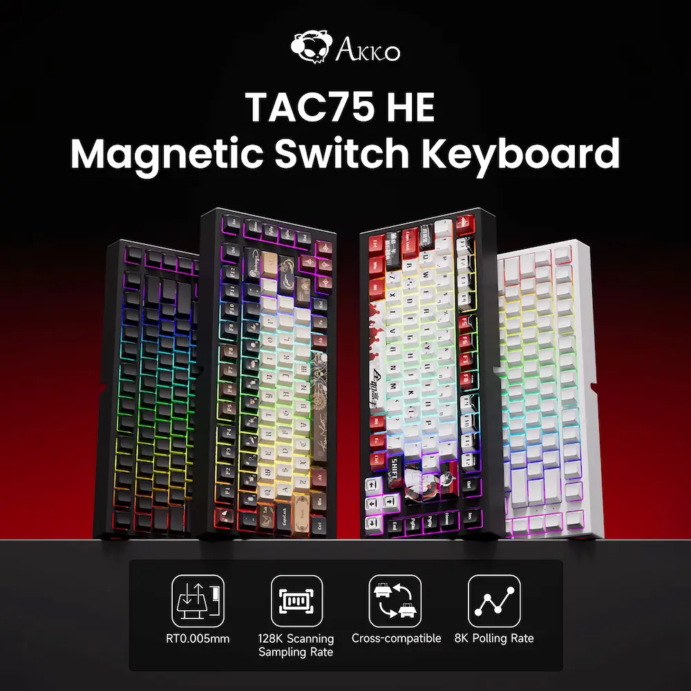 AKKO TAC75 HE Review showing different color variants and keycap designs.