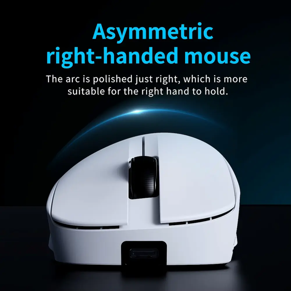 Front angle showing asymmetric curved shell crafted for comfortable right hand orientation.