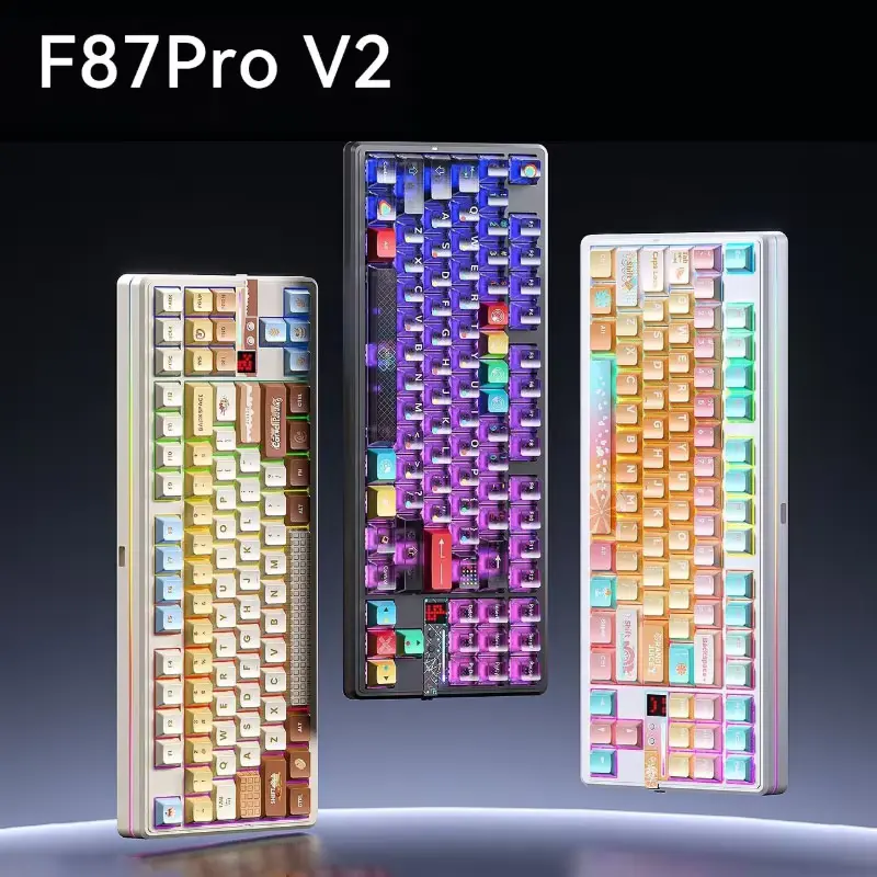 Top-down comparison of three color themes for the AULA F87 Pro V2 custom keyboard.