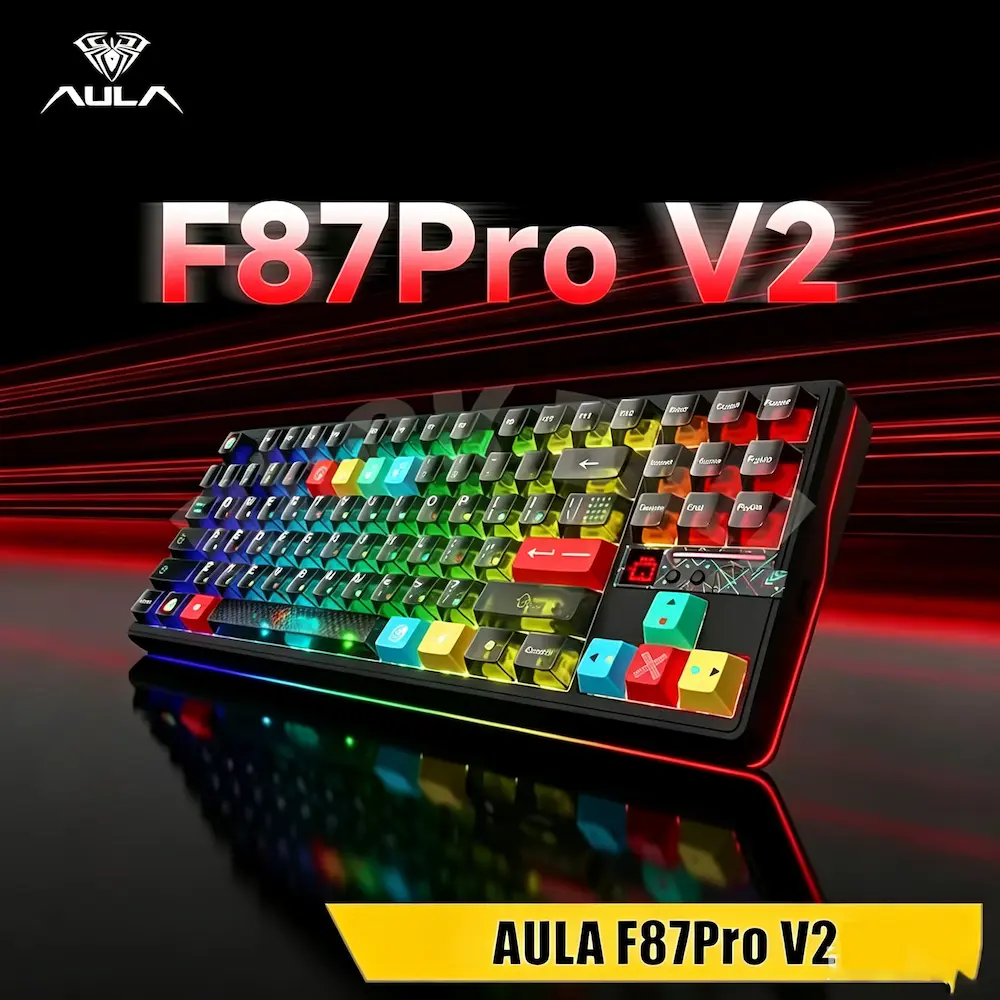 Front angle view of the AULA F87 Pro V2 mechanical gaming keyboard with vibrant RGB lighting.