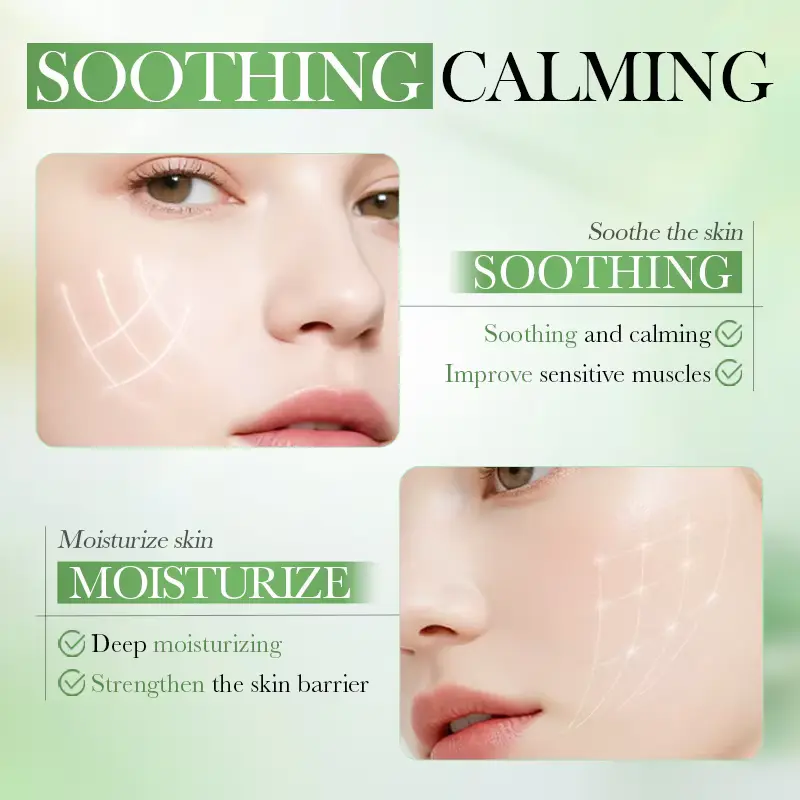 Close-up of a model's face illustrating the soothing and calming effect of BIOAQUA products on sensitive skin.