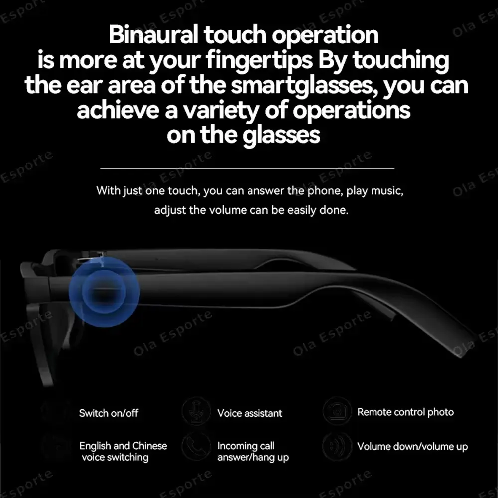 Diagram showing touch control areas on the smart glasses temple for music, calls, and voice assistant.