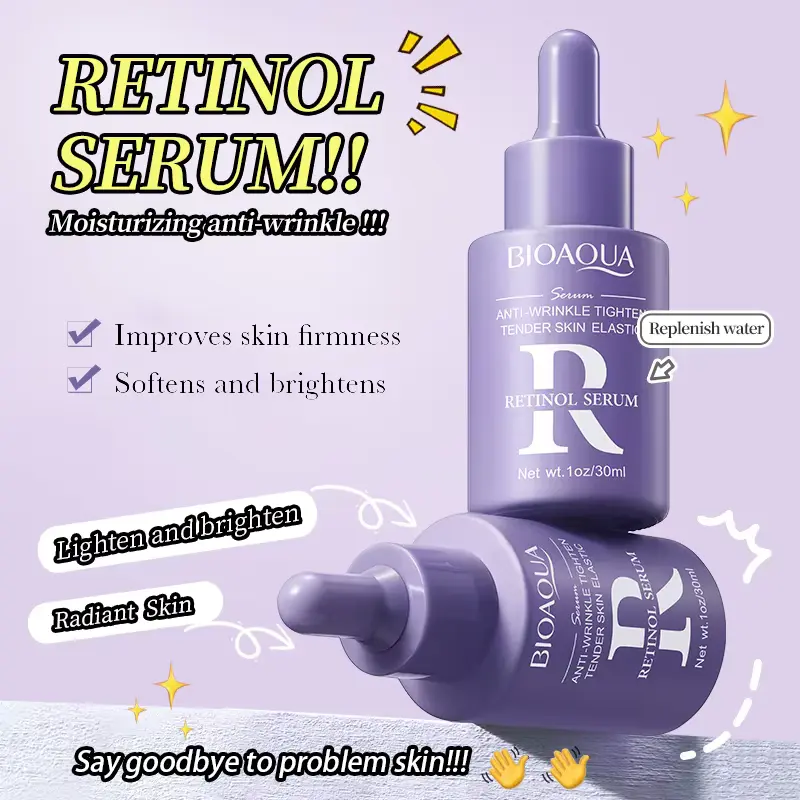 A stylized product shot of two BIOAQUA Retinol Serum bottles on a textured surface, labeled "Say goodbye to problem skin."