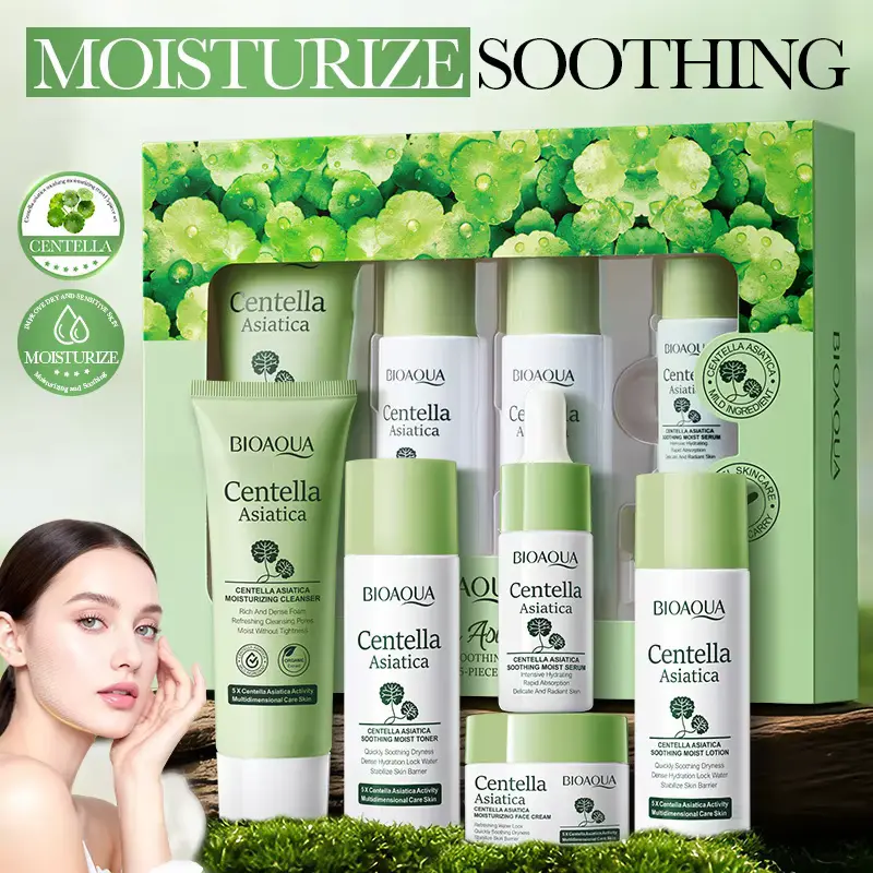 Full BIOAQUA Centella Skincare Set including cleanser, toner, lotion, serum, and face cream in packaging.