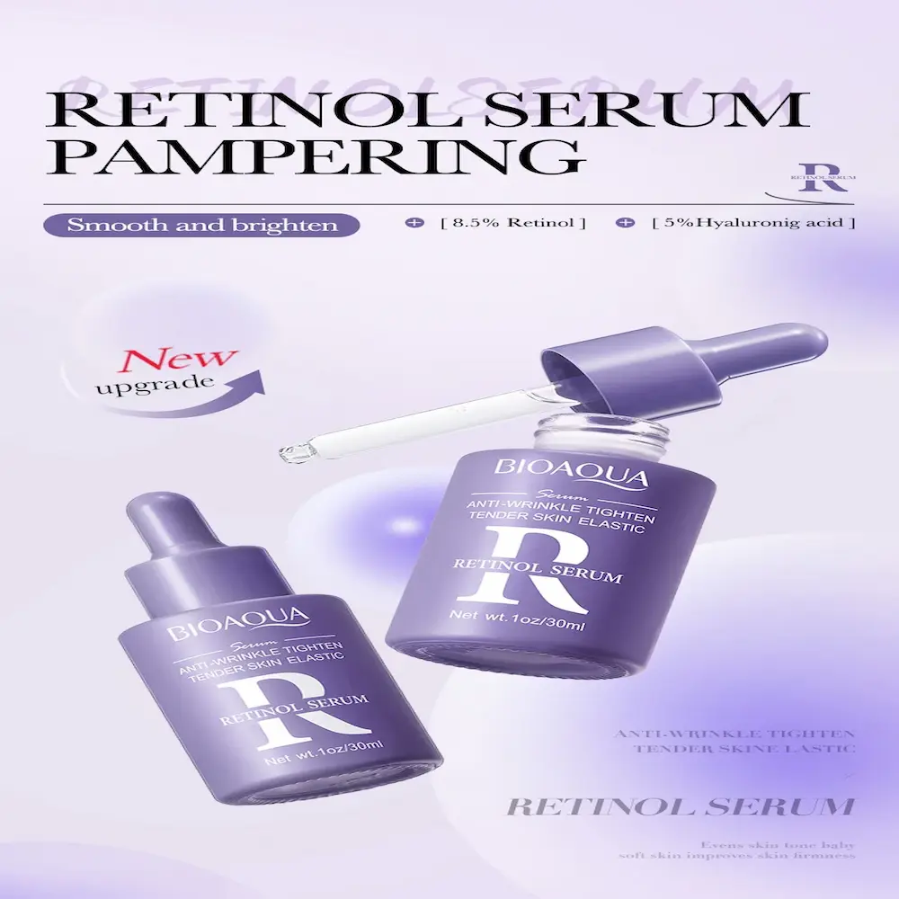 Close-up shot of a purple glass bottle of BIOAQUA Retinol Serum with its dropper dispenser visible, labeled "New upgrade."