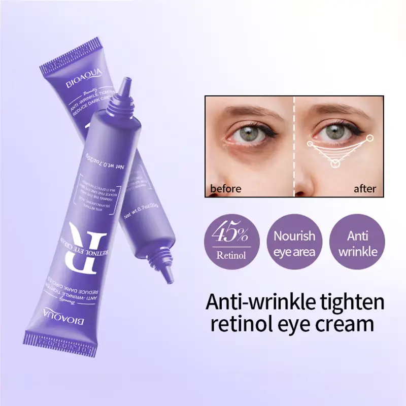 BIOAQUA Retinol Eye Cream results comparing a woman's dark circles before and after usage, showing a noticeable difference.