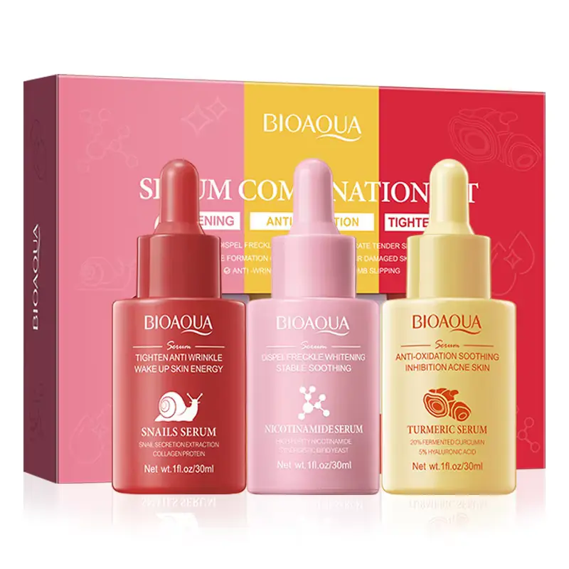 BIOAQUA Serum Kit Review showing three skincare bottles including Snails, Nicotinamide, and Turmeric serum.