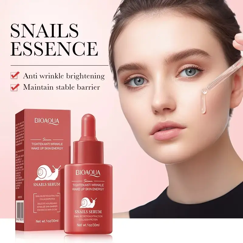 BIOAQUA Serum Kit Review highlighting Snails Essence bottle next to a model applying anti-wrinkle facial drops.