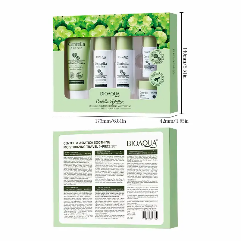 Front and back view of the BIOAQUA Centella Asiatica travel set box with product sizes and ingredient lists.