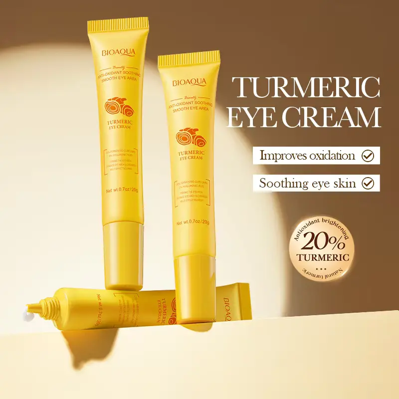 Three yellow tubes of BIOAQUA Turmeric Eye Cream featuring 20 percent fermented curcumin for soothing eye skin.