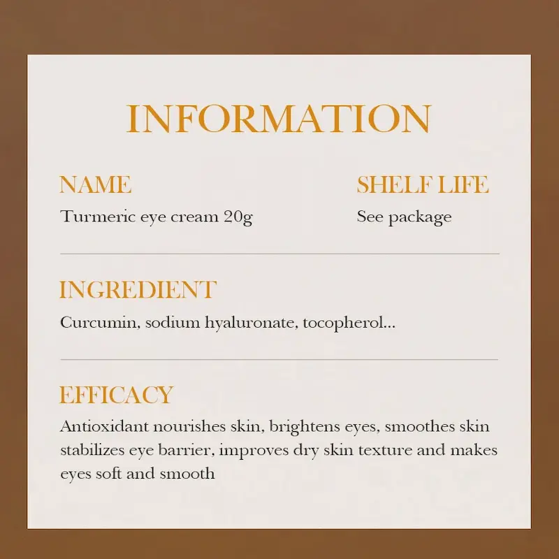 Product information label for BIOAQUA Turmeric Eye Cream listing ingredients like curcumin, sodium hyaluronate, and tocopherol.
