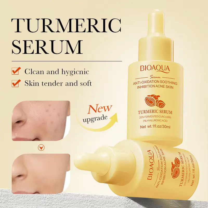 BIOAQUA Turmeric Serum bottles showing skin clearing before and after results for acne and tender skin.