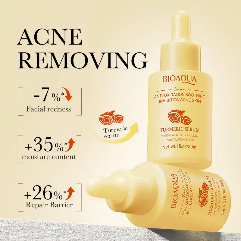 BIOAQUA Turmeric Serum showing key performance claims including reduced redness, increased moisture, and repaired barrier.