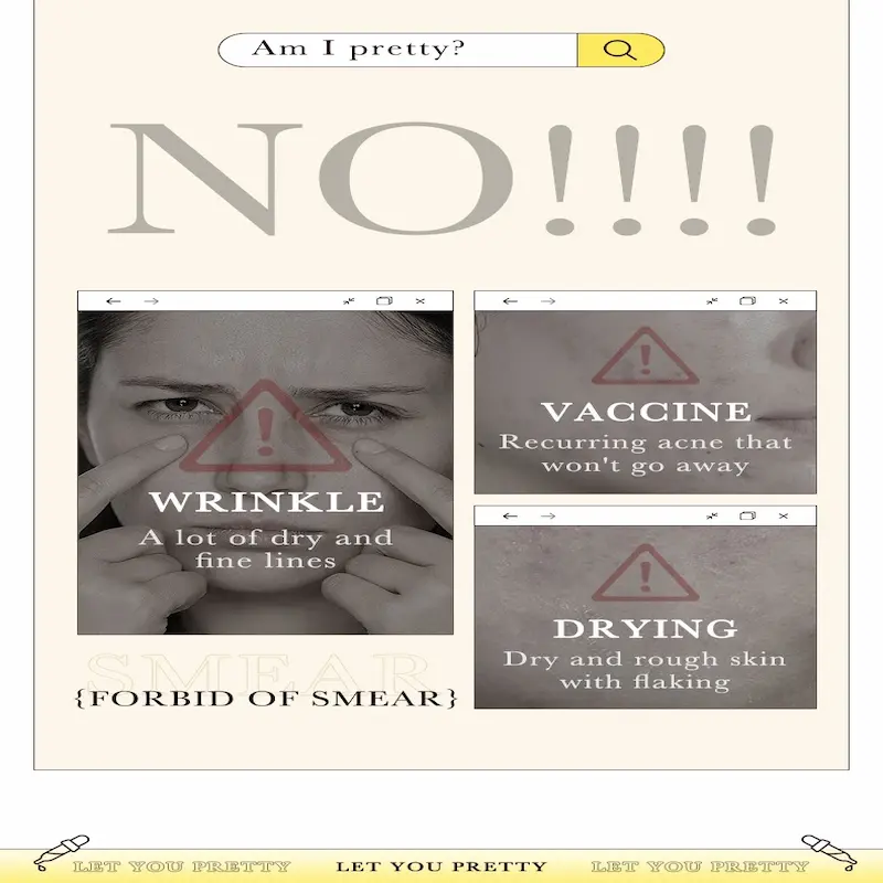 Infographic showcasing major skin issues like dry wrinkles, recurring acne, and flaking dry skin.