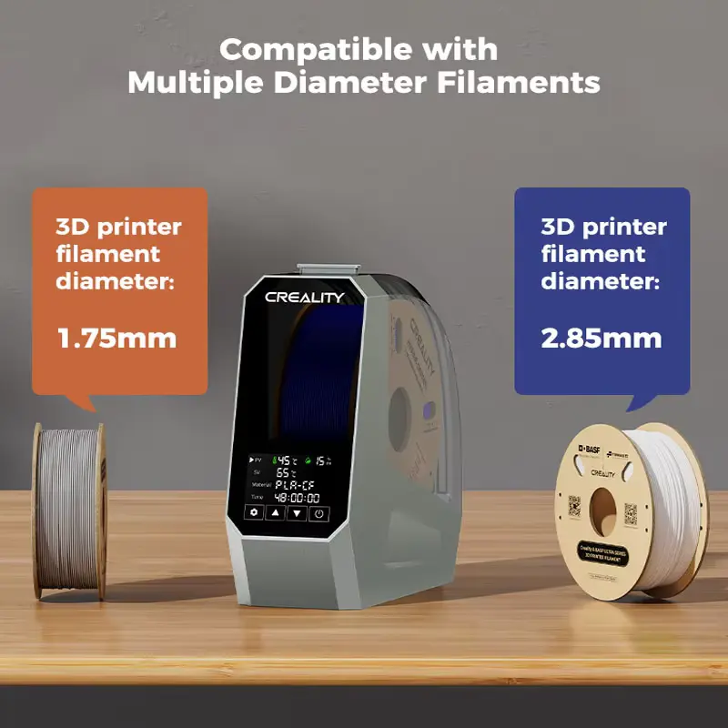 Graphic showing Creality Space Pi compatibility with both 1.75mm and 2.85mm diameter filaments.
