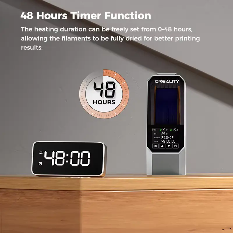 Illustration of the 48-hour timer function on the Creality Space Pi filament dryer.