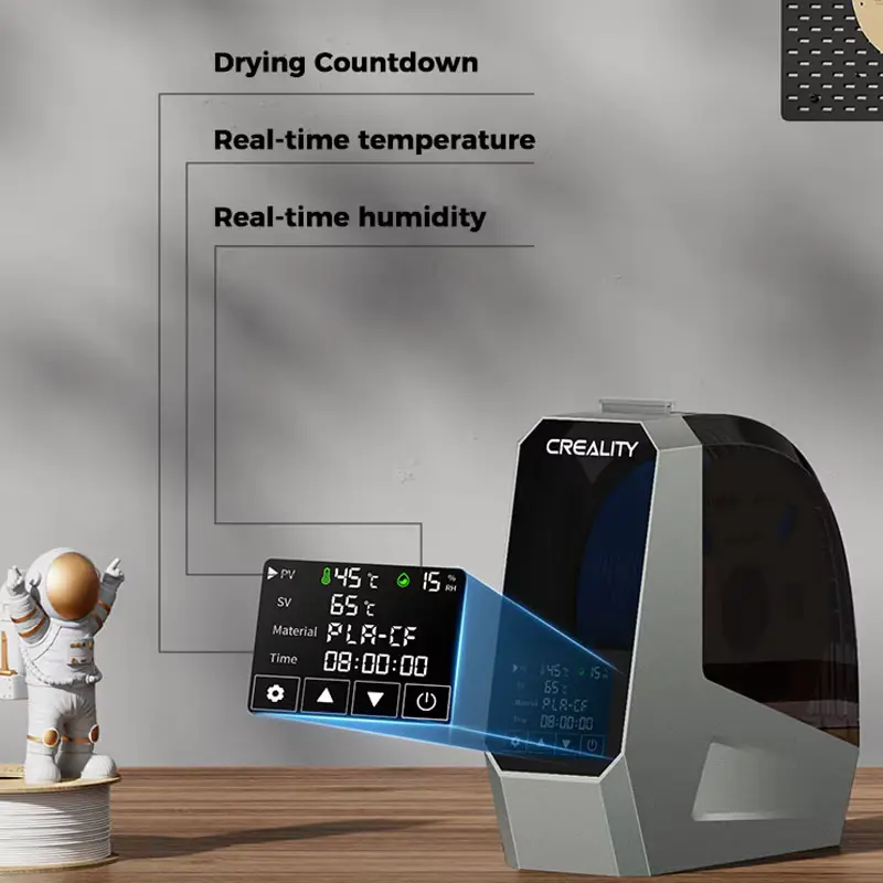 Close-up of the digital display on Creality Space Pi showing drying countdown, real-time temperature, and humidity.