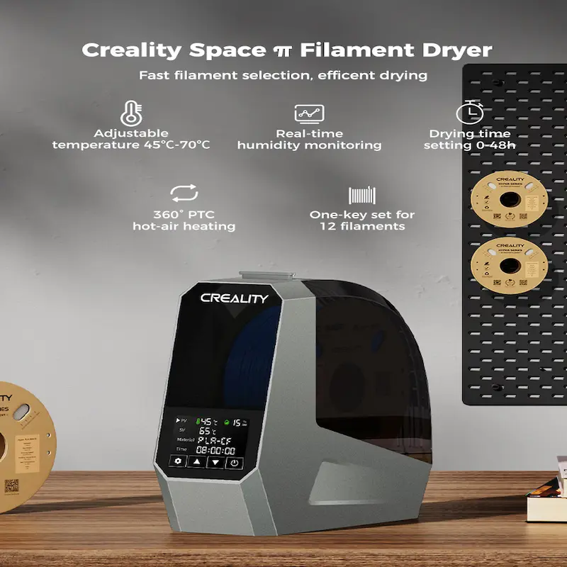 Infographic summarizing features like 360 PTC heating, adjustable temperature, and humidity monitoring.