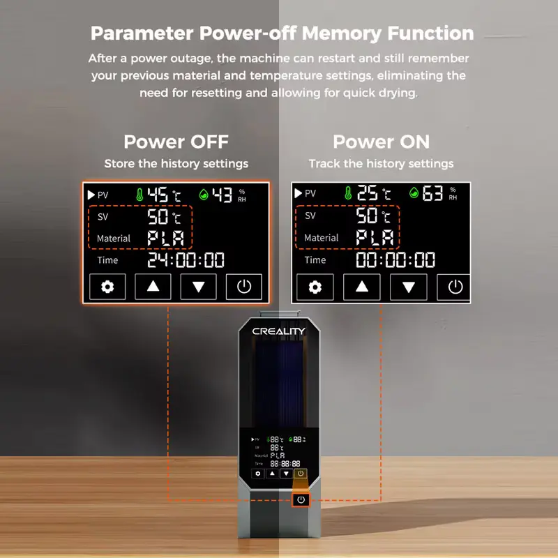Demonstration of the parameter power-off memory function that restores settings after a power outage.