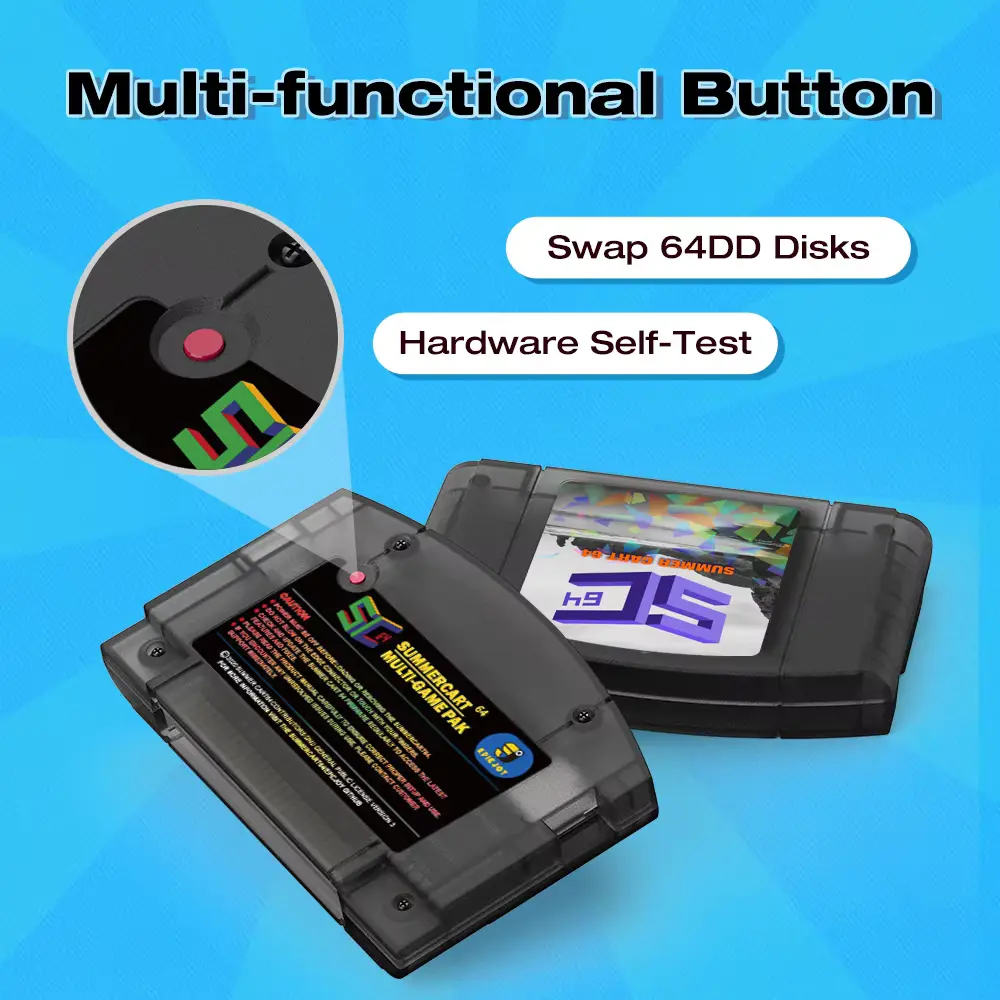 Close-up view of red top button on translucent retro gaming flash device.