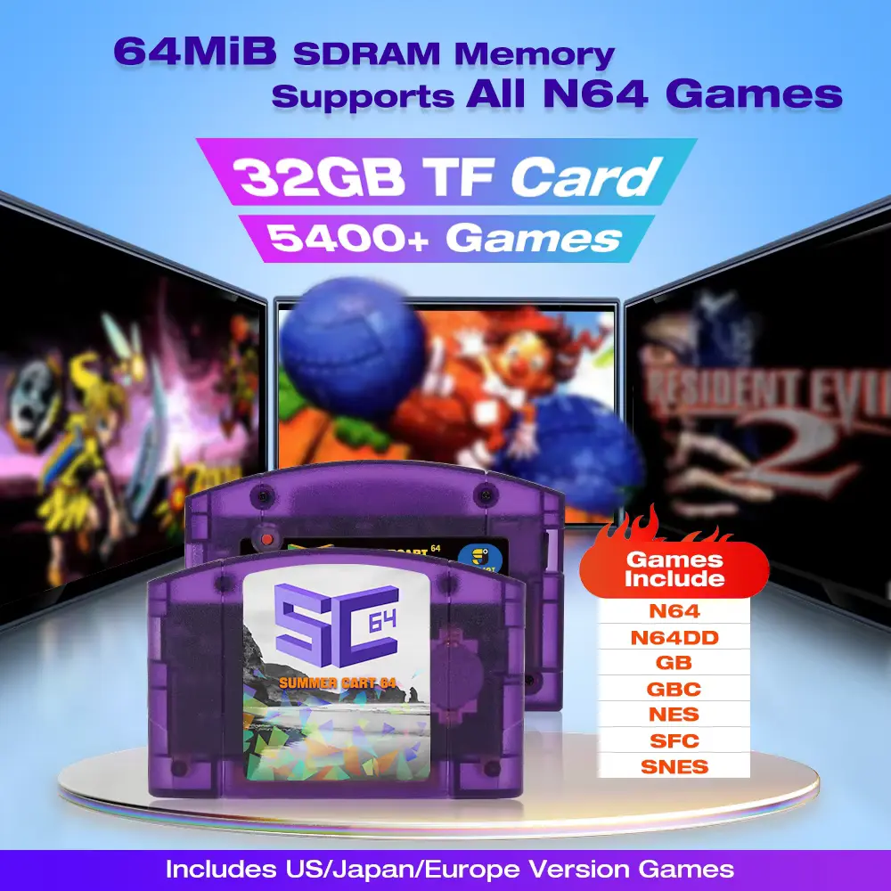 Purple translucent cartridge displaying multi-system emulation compatibility list.