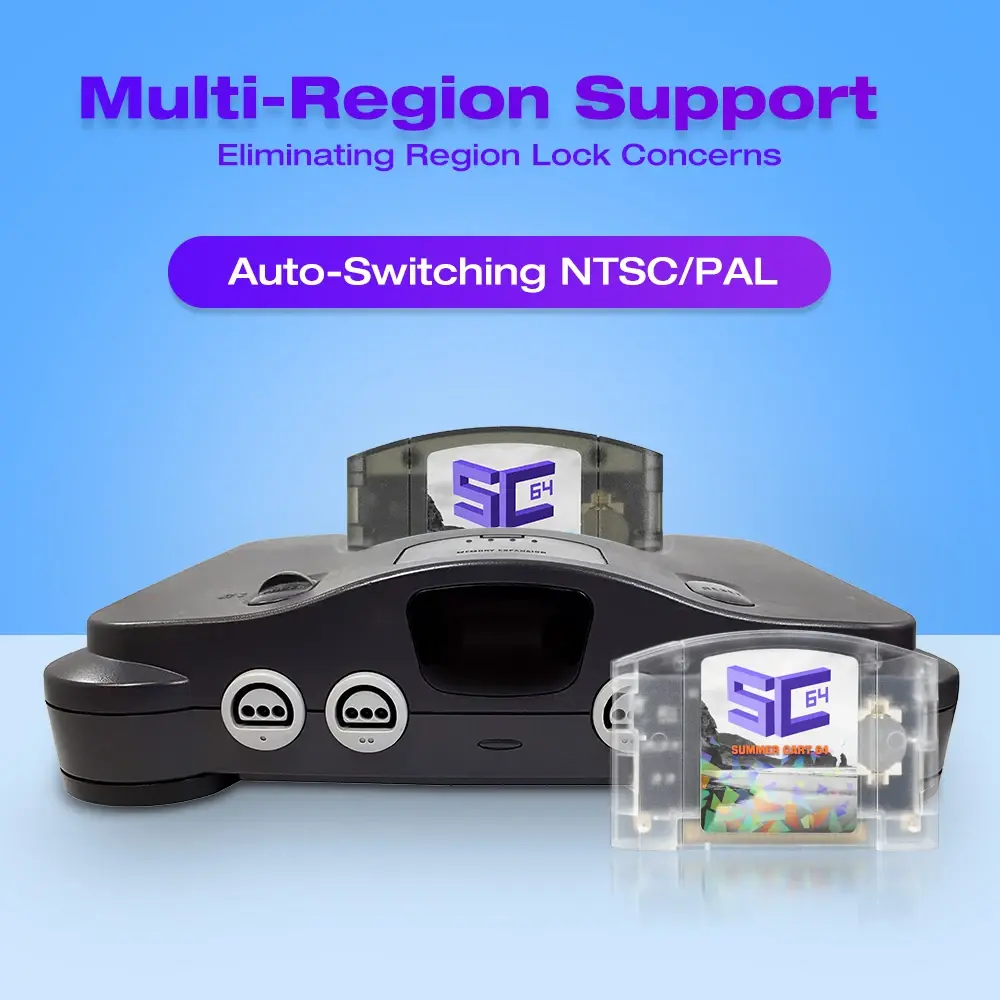 Black retro console setup displaying regional auto-switching features.