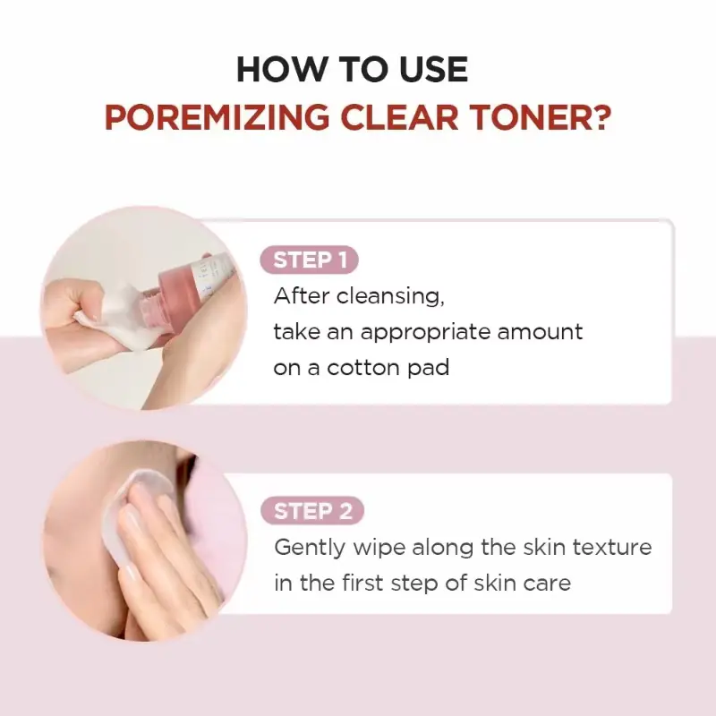 Skincare infographic showing how to apply Poremizing Clear Toner with a cotton pad as the first step of skincare.