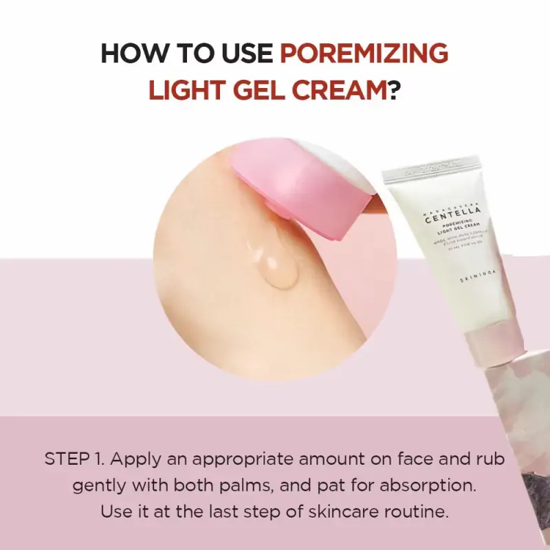 Demonstration of applying a small amount of Poremizing Light Gel Cream moisturizer to the skin.