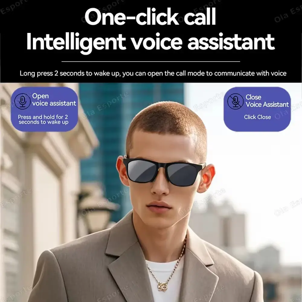 Man wearing smart glasses in a city setting, highlighting the one-click intelligent voice assistant feature.