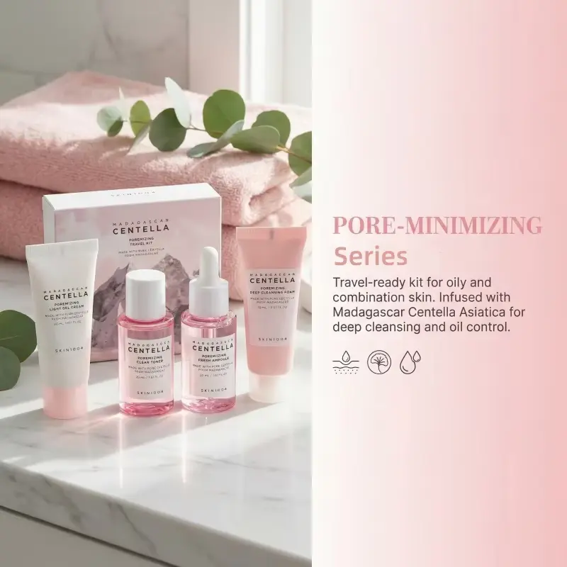 A set of SKIN1004 Poremizing skincare products including toner, ampoule, and cream arranged on a marble surface with a pink towel.