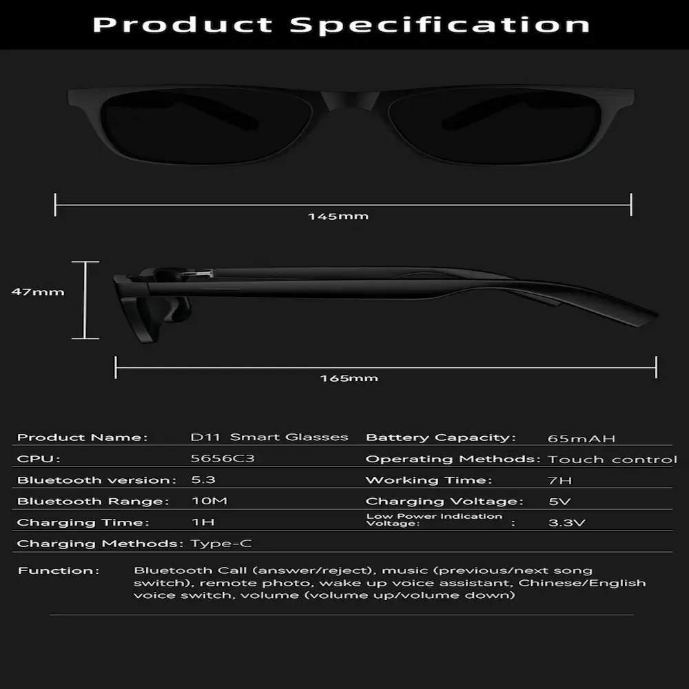 Technical specification chart for Lenovo D11 Smart Glasses showing 165mm length, Bluetooth 5.3, and 65mAH battery capacity.