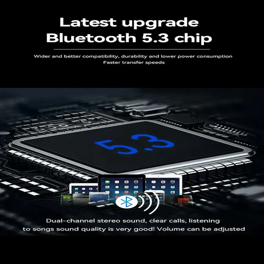 Digital illustration of the latest upgraded Bluetooth 5.3 chip used in Lenovo AI smart glasses for faster transfer speeds.