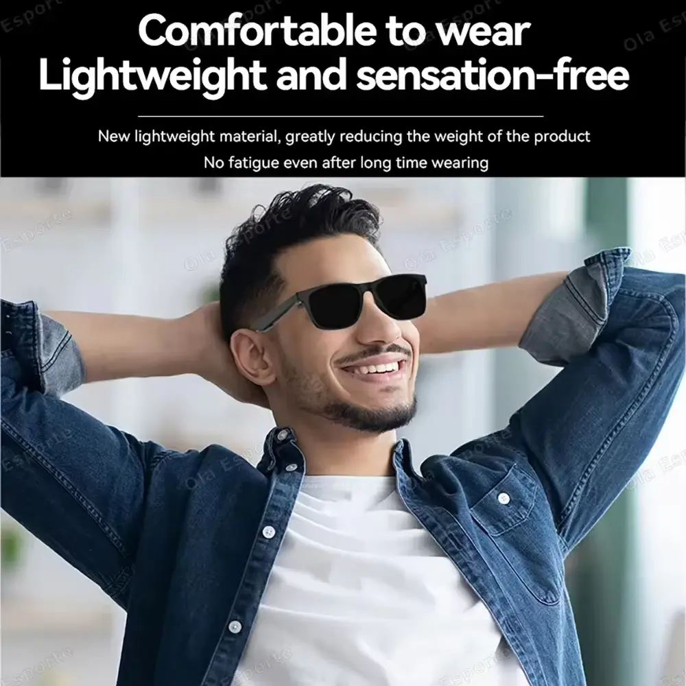 Man relaxing while wearing lightweight, sensation-free Lenovo smart sunglasses.