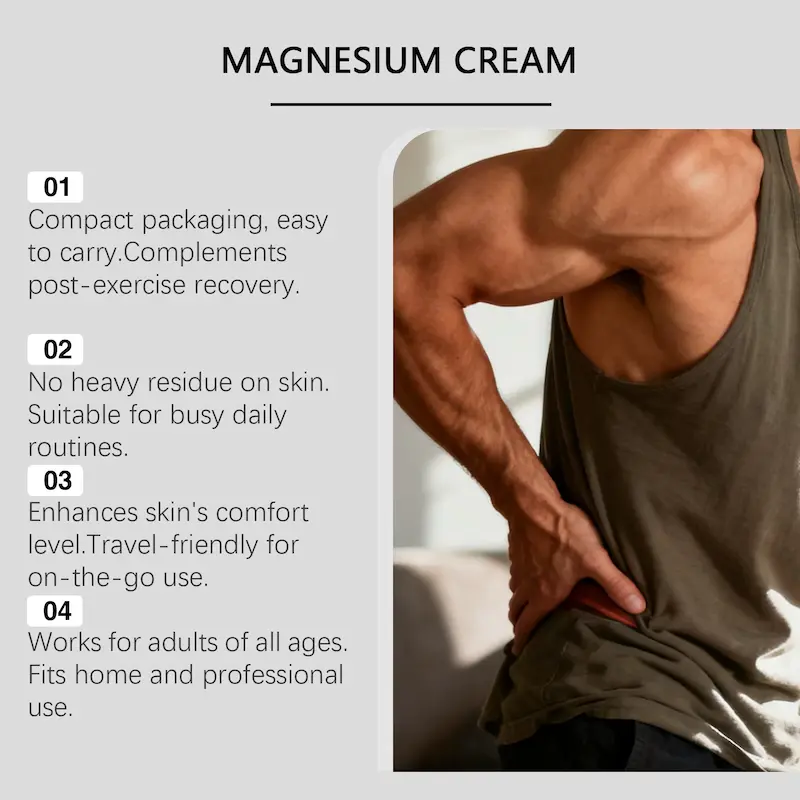 Infographic showing an athletic man holding his lower back next to text highlights of the magnesium cream's travel-friendly, non-greasy, and recovery features.