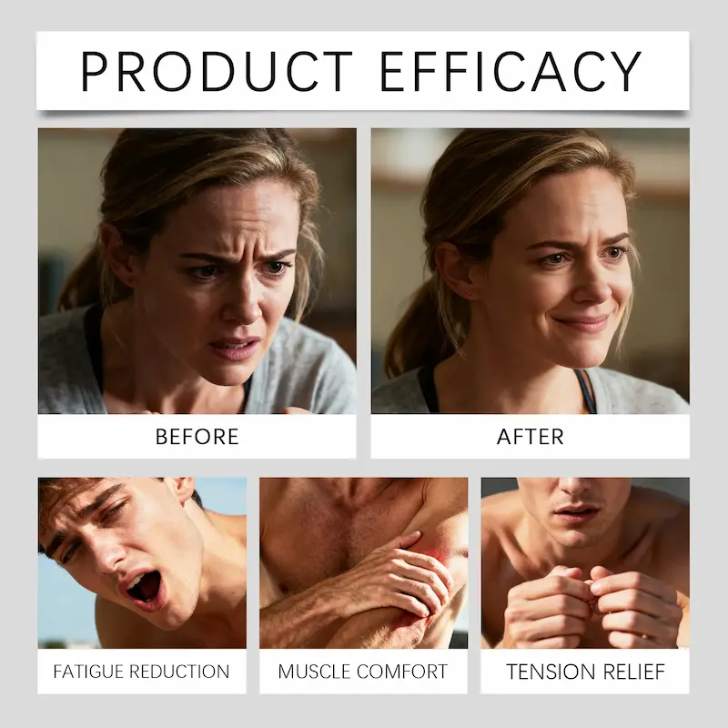 A collage grid showing before and after expressions of a woman, alongside close-up imagery representing fatigue reduction, muscle comfort, and tension relief.