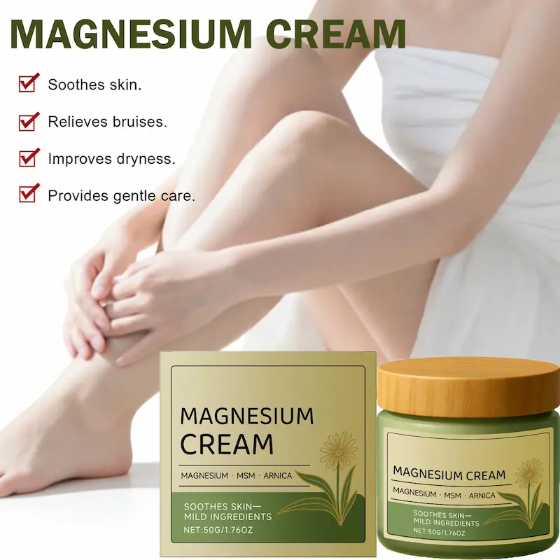 An infographic of Magnesium Cream jar and box packaging alongside a woman massaging her legs, listing key benefits like skin soothing and bruise relief.