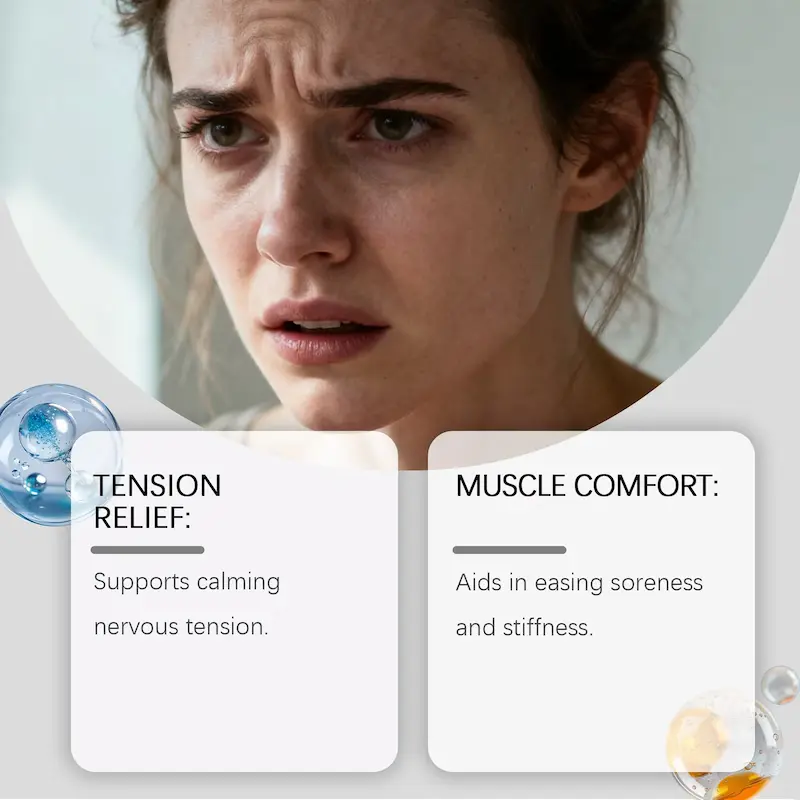 Close-up of a woman looking stressed with info cards explaining how the magnesium cream provides nervous tension relief and eases muscle stiffness.