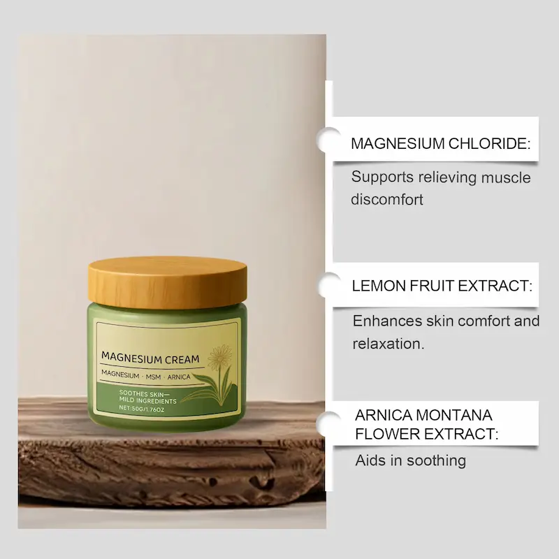 Magnesium Cream jar displayed on a rustic wooden platform with callouts for Magnesium Chloride, Lemon Fruit Extract, and Arnica Montana Flower Extract.